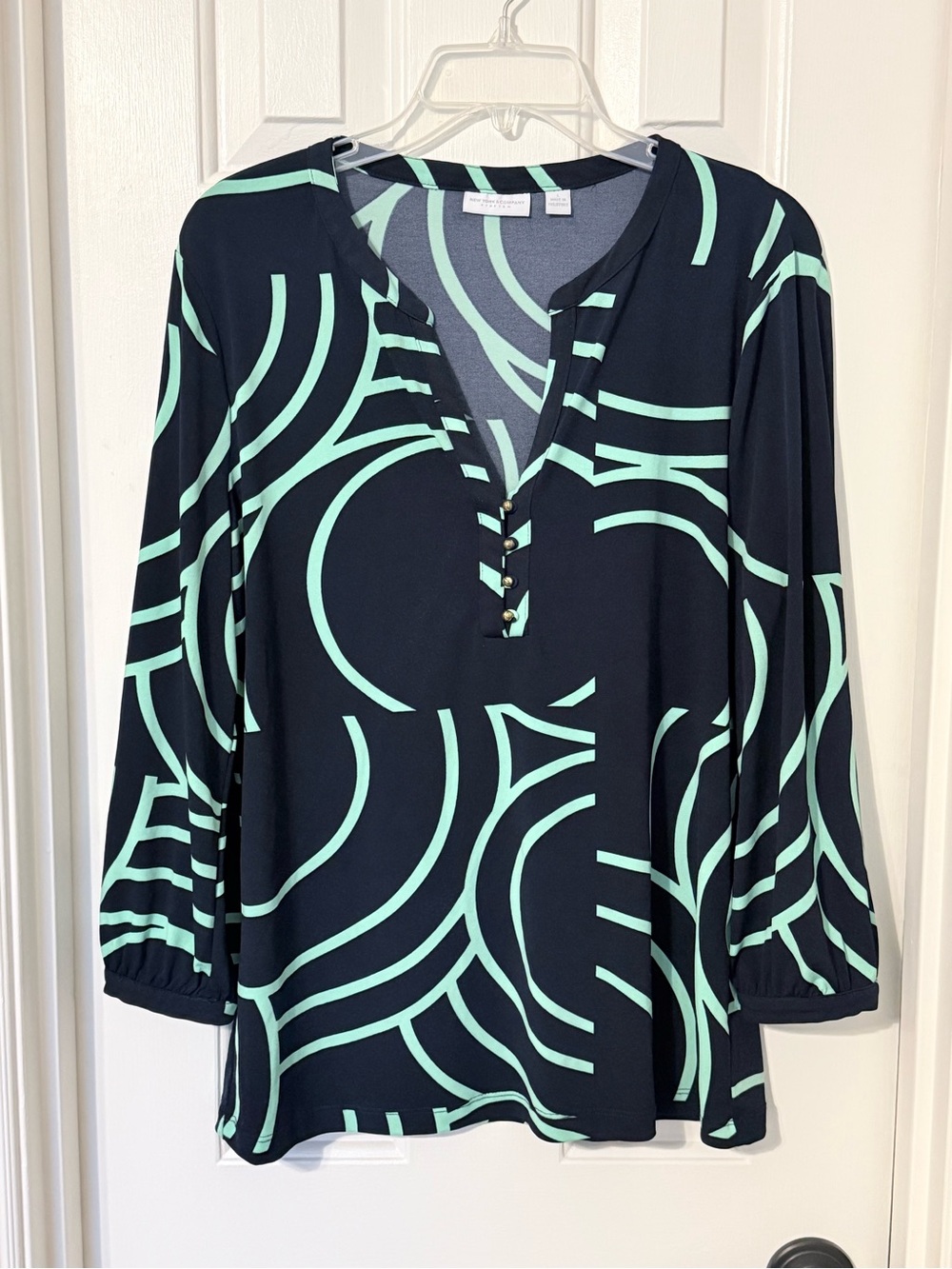 New York & Company Navy Tunic with Mint Green Abstract Print